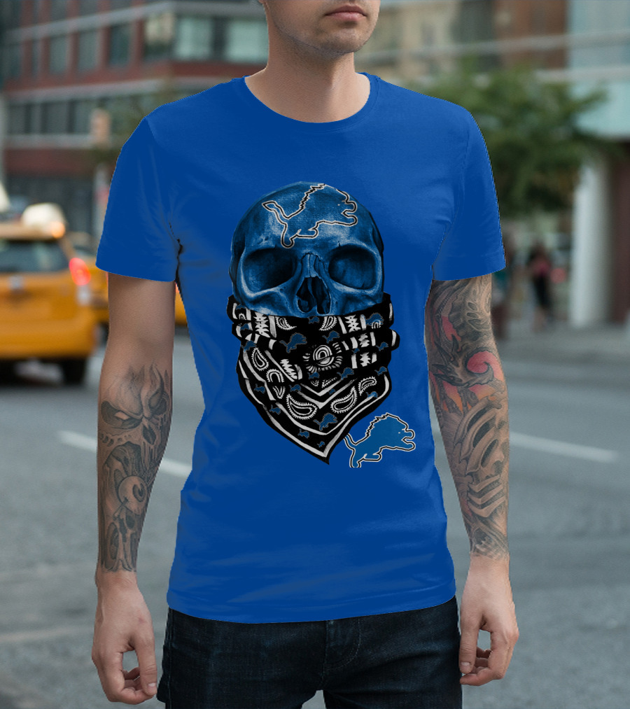 Detroit Lions Blue Skull Bandana Icon With Nfl Team T-Shirt