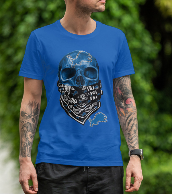 Detroit Lions Blue Skull Bandana Icon With Nfl Team T-Shirt