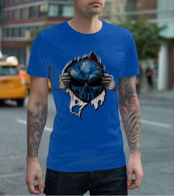 Detroit Lions Skull Design Blue Ripped Background T-Shirt