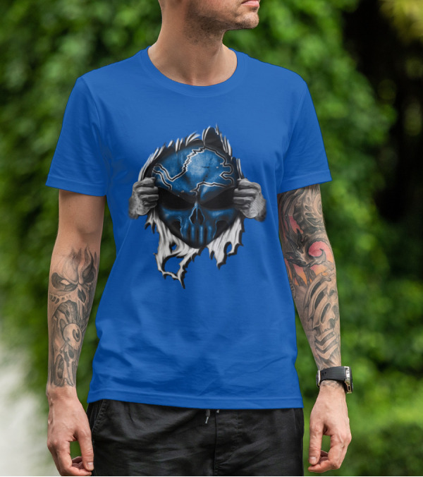 Detroit Lions Skull Design Blue Ripped Background T-Shirt