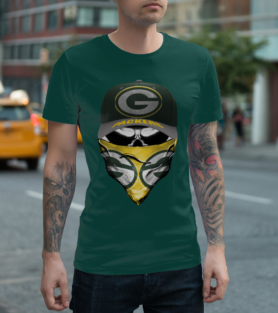 Green Bay Packers G Cap And Bandana Face Skull T-Shirt