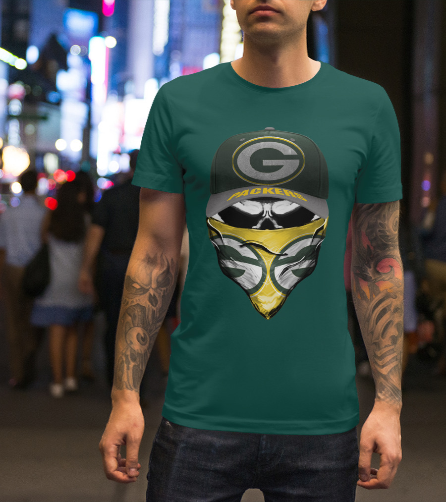 Green Bay Packers G Cap And Bandana Face Skull T-Shirt