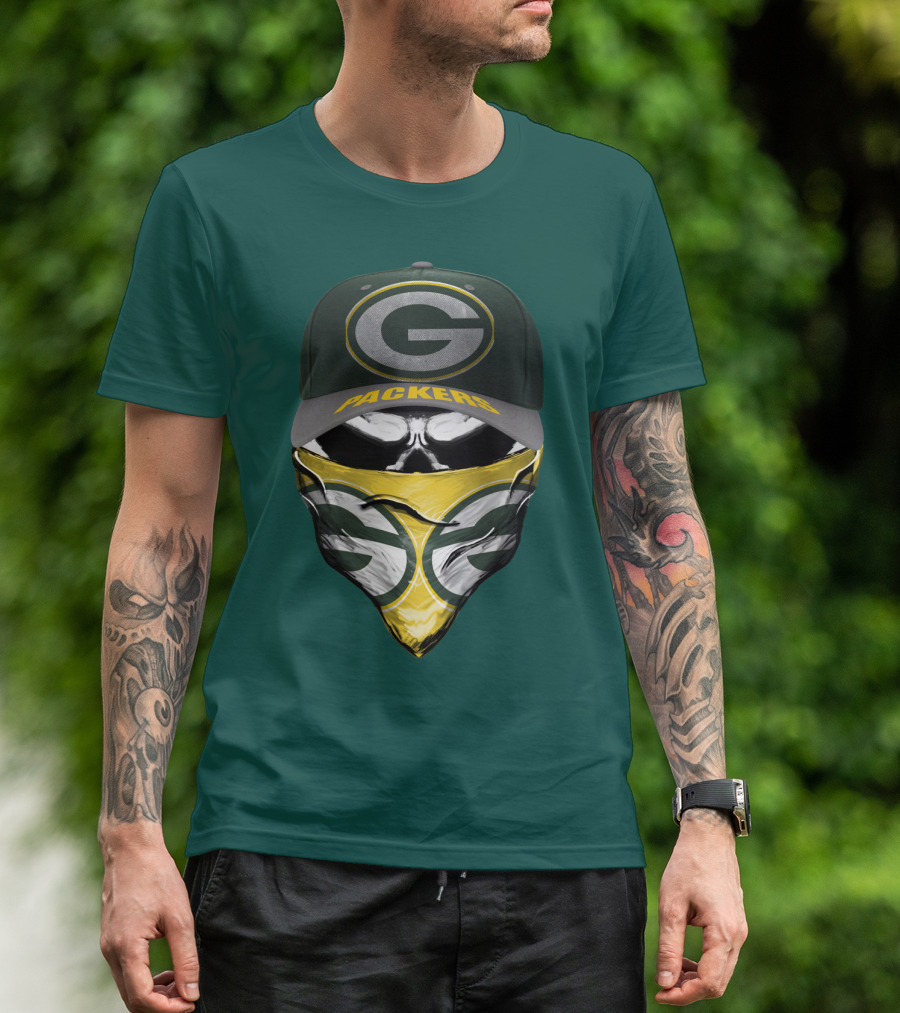 Green Bay Packers G Cap And Bandana Face Skull T-Shirt