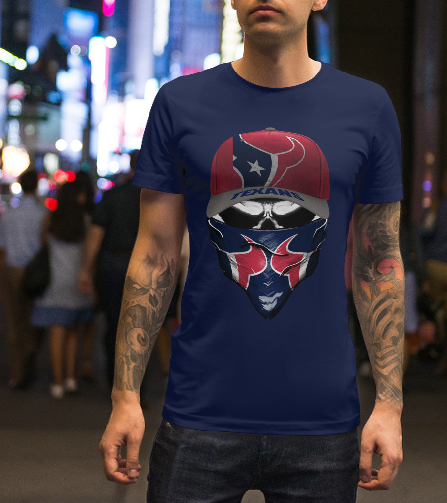 Houston Texans Star Logo Skull Bandana And Red Cap T-Shirt