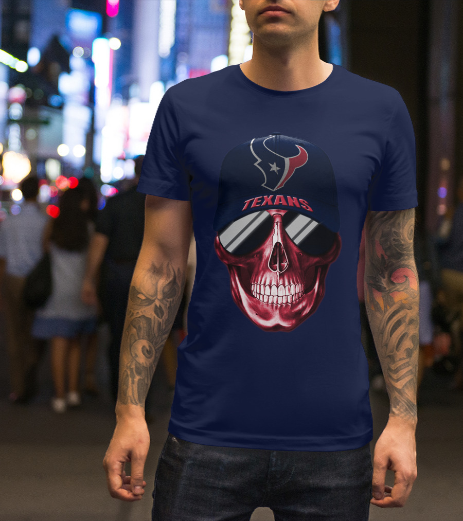 Houston Texans Skull With Cap And Sunglasses T-Shirt