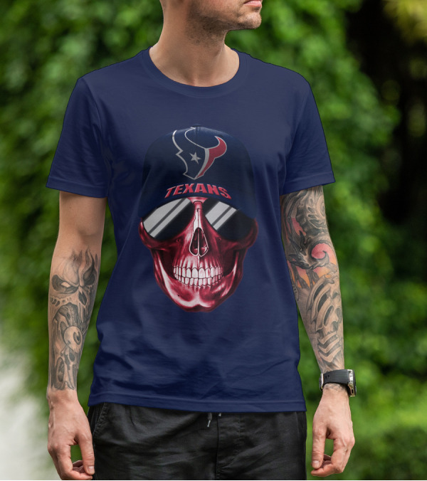 Houston Texans Skull With Cap And Sunglasses T-Shirt