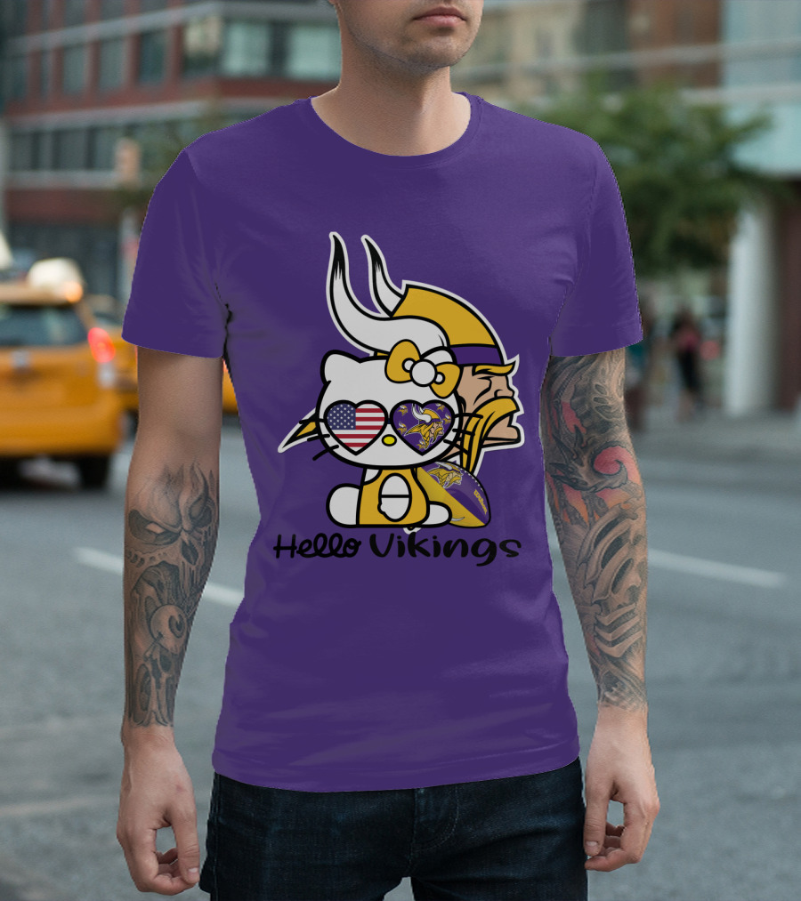 Hello Vikings Minnesota Vikings Fan Art Purple Football Kitty T-Shirt