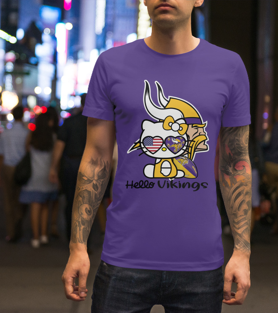 Hello Vikings Minnesota Vikings Fan Art Purple Football Kitty T-Shirt