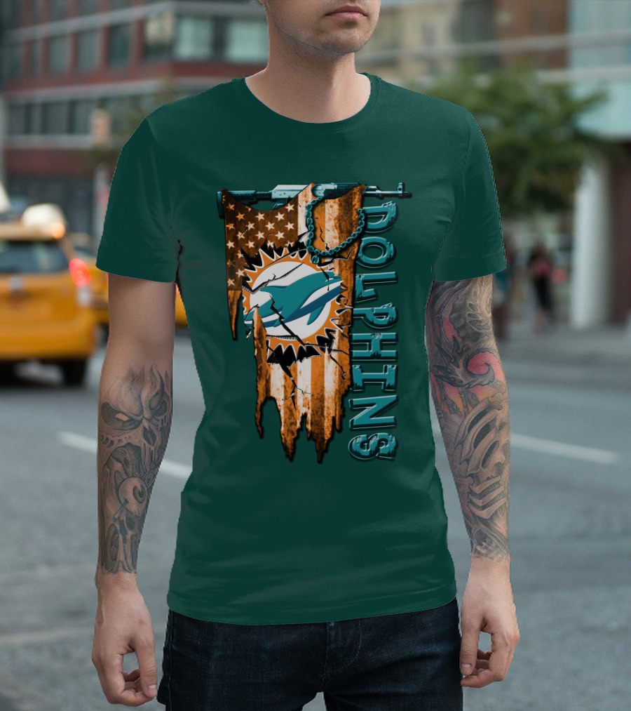 Miami Dolphins Flag And Logo Style With Stars And Stripes T-Shirt