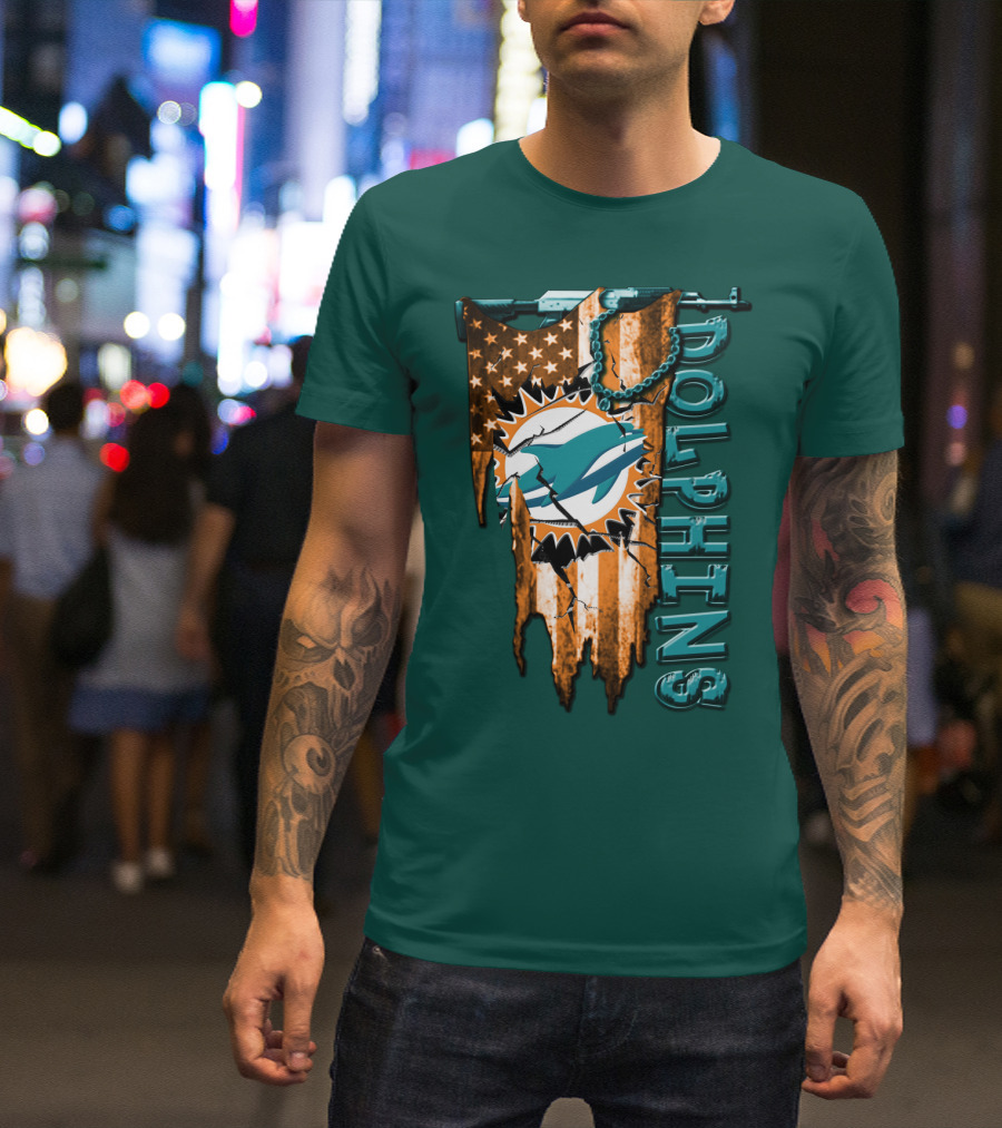 Miami Dolphins Flag And Logo Style With Stars And Stripes T-Shirt