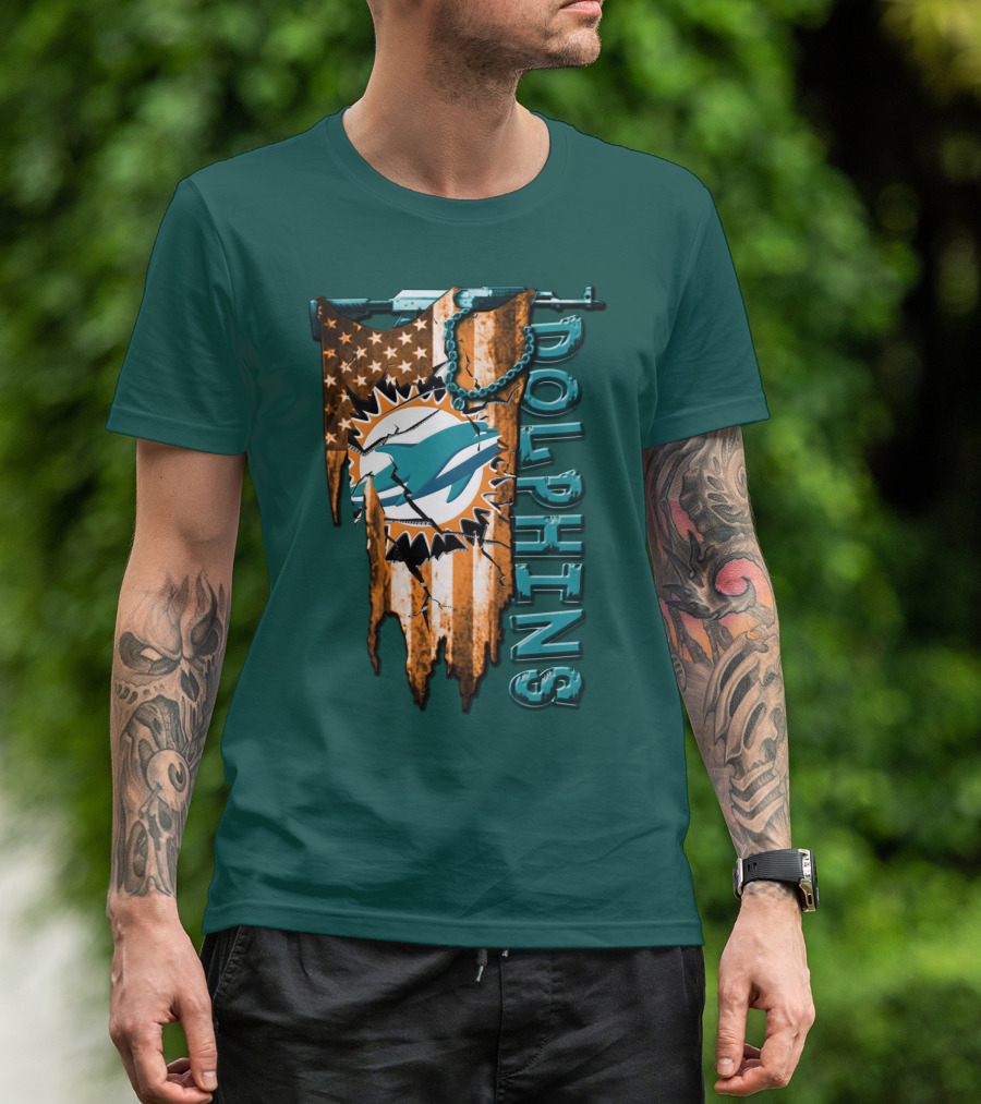 Miami Dolphins Flag And Logo Style With Stars And Stripes T-Shirt