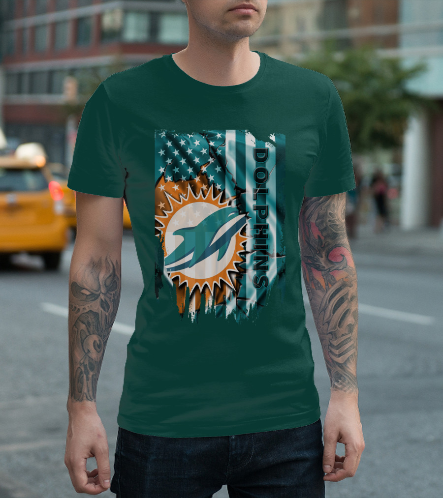 Miami Dolphins American Flag Sunburst Ocean Wave T-Shirt