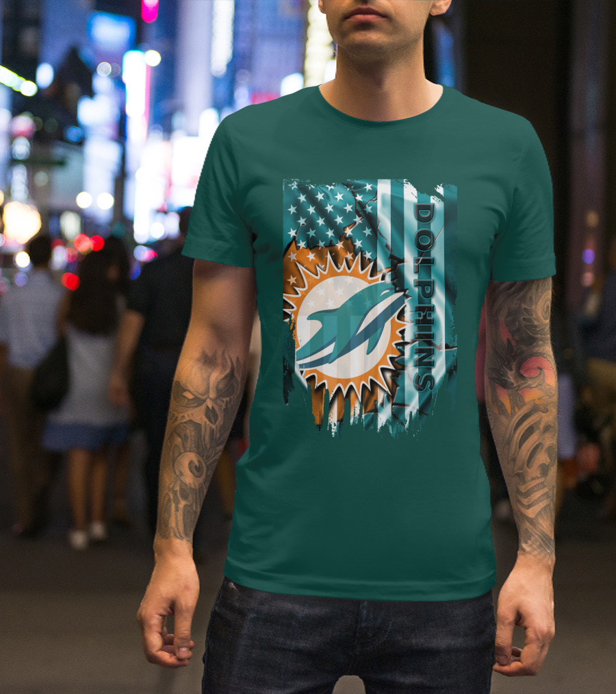 Miami Dolphins American Flag Sunburst Ocean Wave T-Shirt
