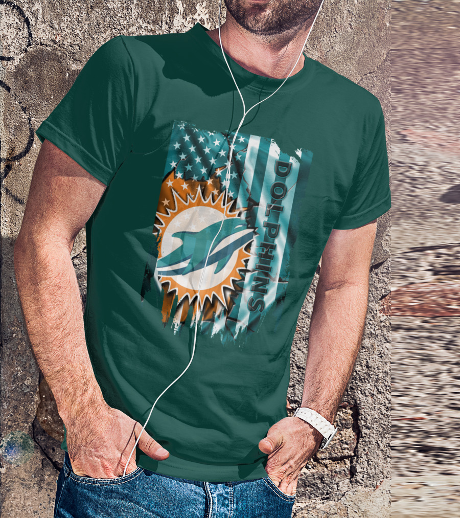 Miami Dolphins American Flag Sunburst Ocean Wave T-Shirt