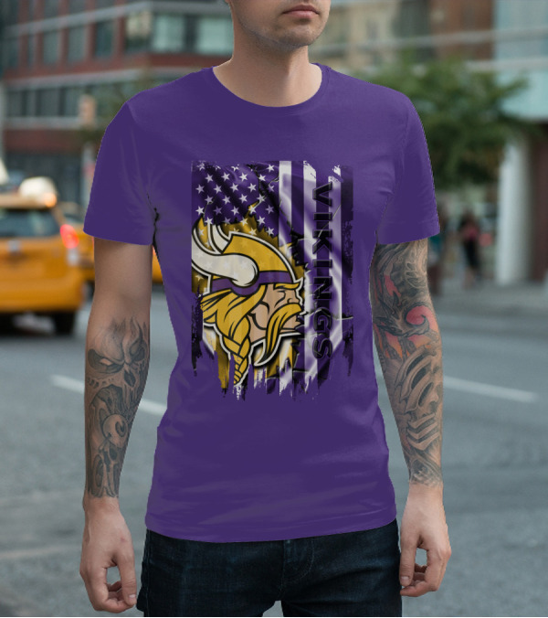 Minnesota Vikings American Flag Stars Stripes Purple Gold Viking Head T-Shirt