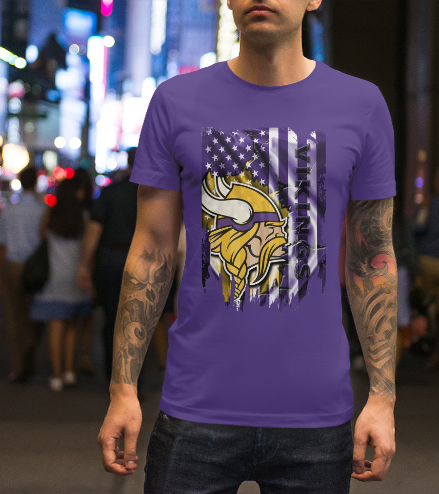 Minnesota Vikings American Flag Stars Stripes Purple Gold Viking Head T-Shirt