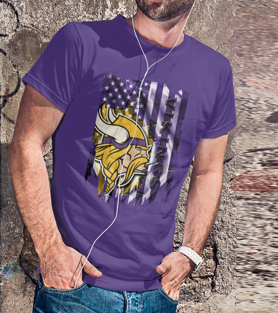 Minnesota Vikings American Flag Stars Stripes Purple Gold Viking Head T-Shirt
