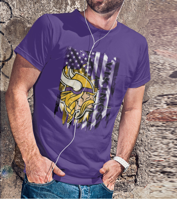 Minnesota Vikings American Flag Stars Stripes Purple Gold Viking Head T-Shirt