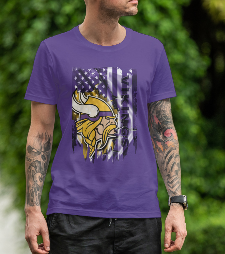 Minnesota Vikings American Flag Stars Stripes Purple Gold Viking Head T-Shirt