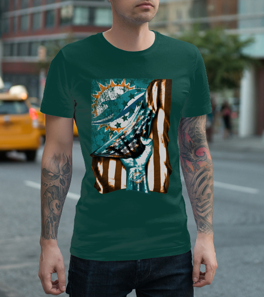 Miami Dolphins American Flag Hand Holding T-Shirt