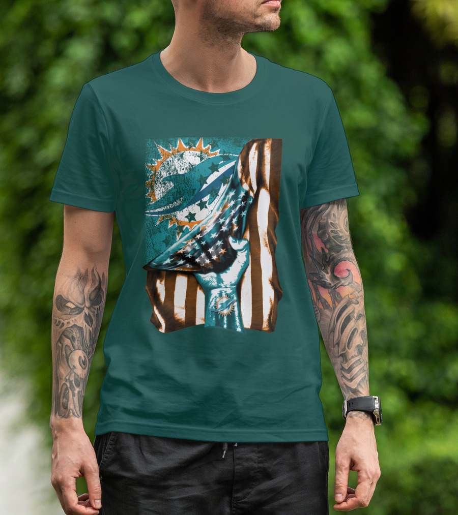 Miami Dolphins American Flag Hand Holding T-Shirt