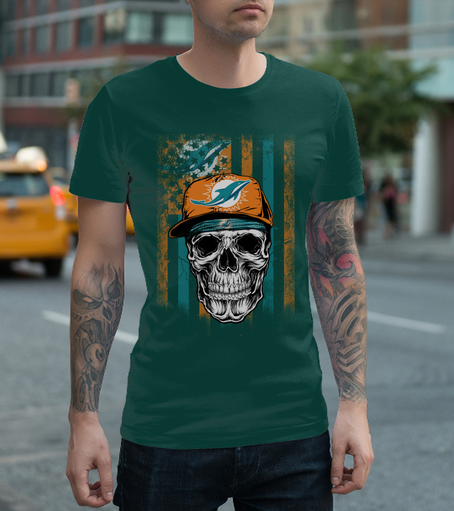 Miami Dolphins Skull With Cap And Logo In Orange And Teal Grunge Style T-Shirt