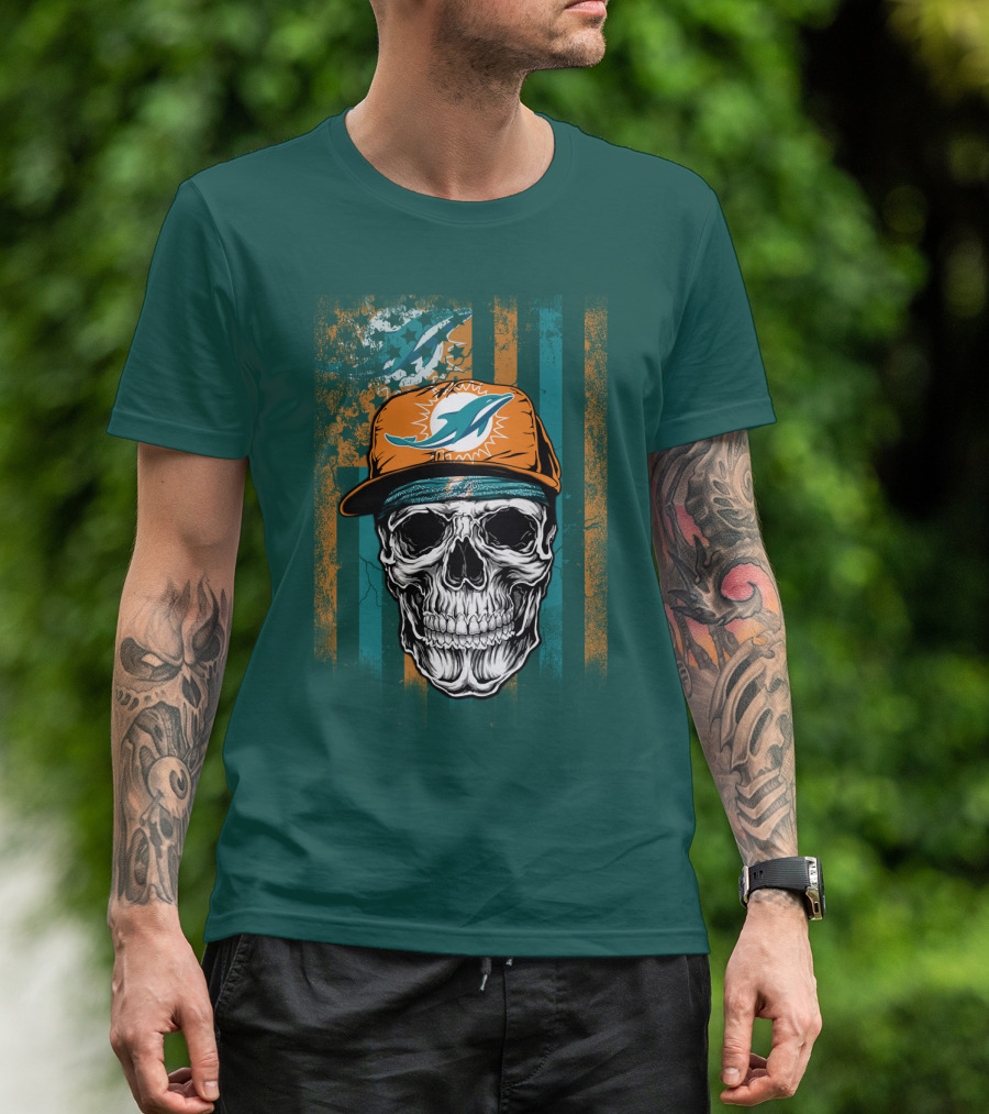 Miami Dolphins Skull With Cap And Logo In Orange And Teal Grunge Style T-Shirt
