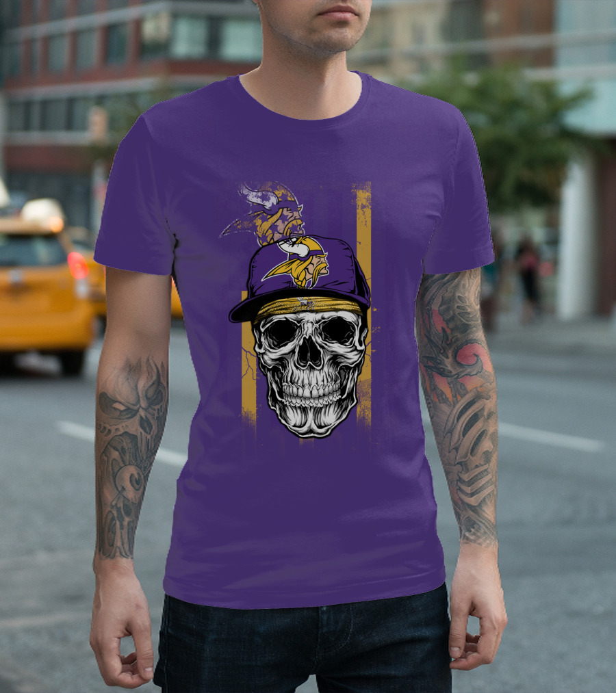 Minnesota Vikings Skull With Cap And Logo On Purple T-Shirt