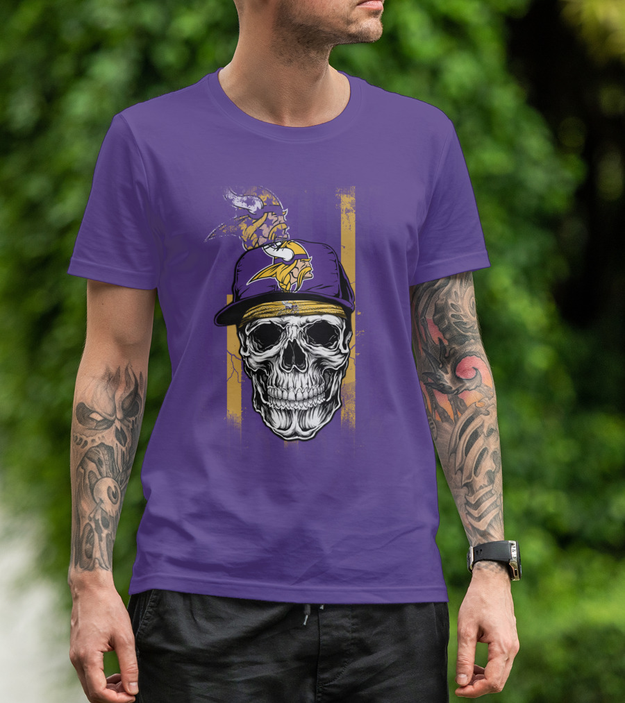 Minnesota Vikings Skull With Cap And Logo On Purple T-Shirt