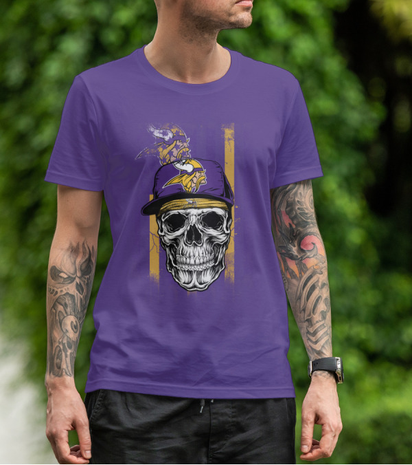 Minnesota Vikings Skull With Cap And Logo On Purple T-Shirt