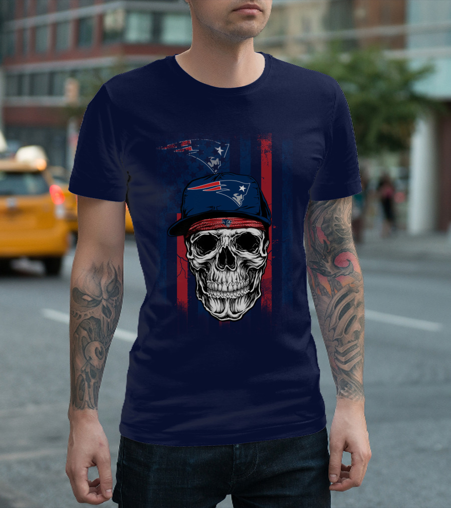 New England Patriots Skull With Cap And Red Blue Stripes T-Shirt