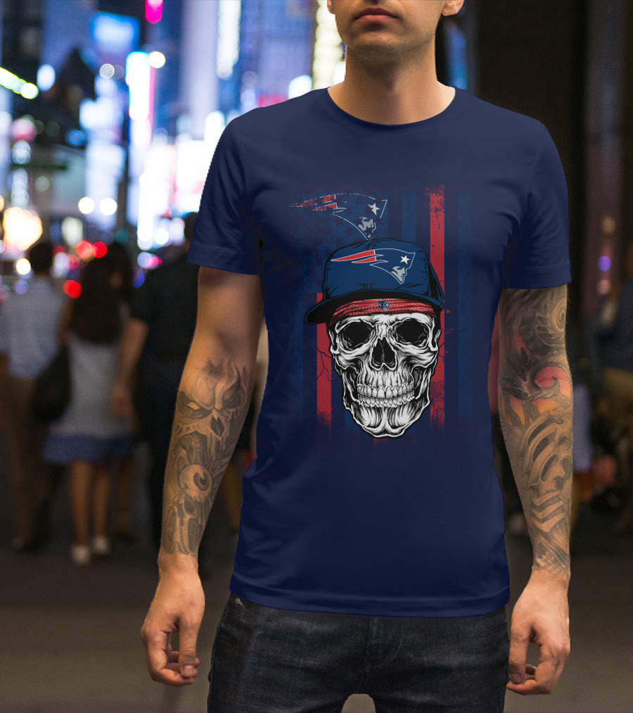 New England Patriots Skull With Cap And Red Blue Stripes T-Shirt