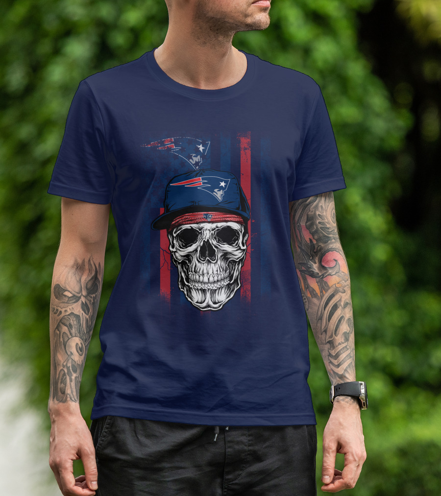 New England Patriots Skull With Cap And Red Blue Stripes T-Shirt