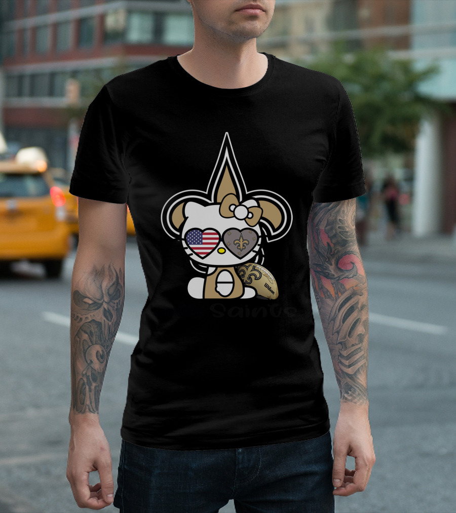 Hello Saints New Orleans Football Fleur-De-Lis Kitty Usa Heart T-Shirt