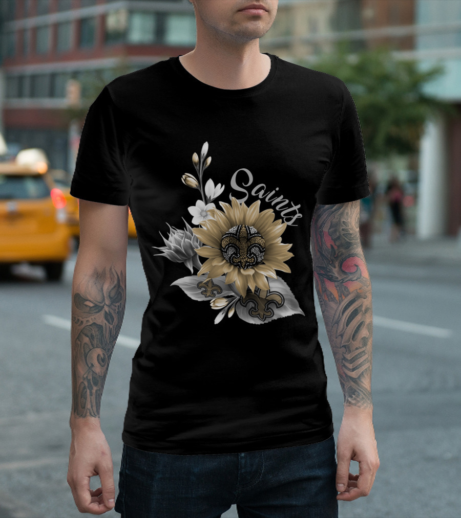 Saints Black And Gold Fleur-De-Lis Floral T-Shirt