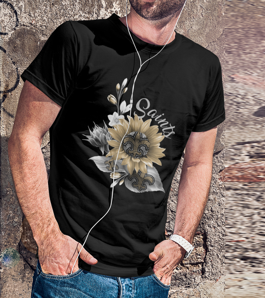 Saints Black And Gold Fleur-De-Lis Floral T-Shirt