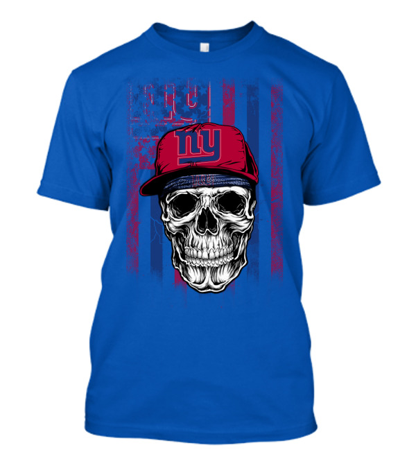 Ny Giants Skull With Red Cap On Blue T-Shirt