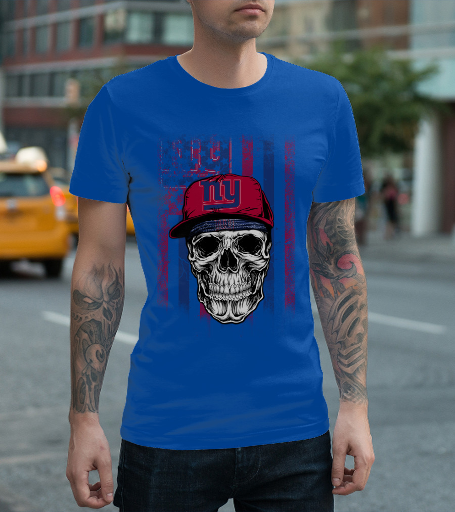 Ny Giants Skull With Red Cap On Blue T-Shirt