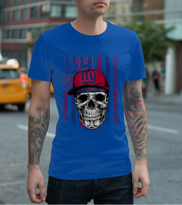 Ny Giants Skull With Red Cap On Blue T-Shirt