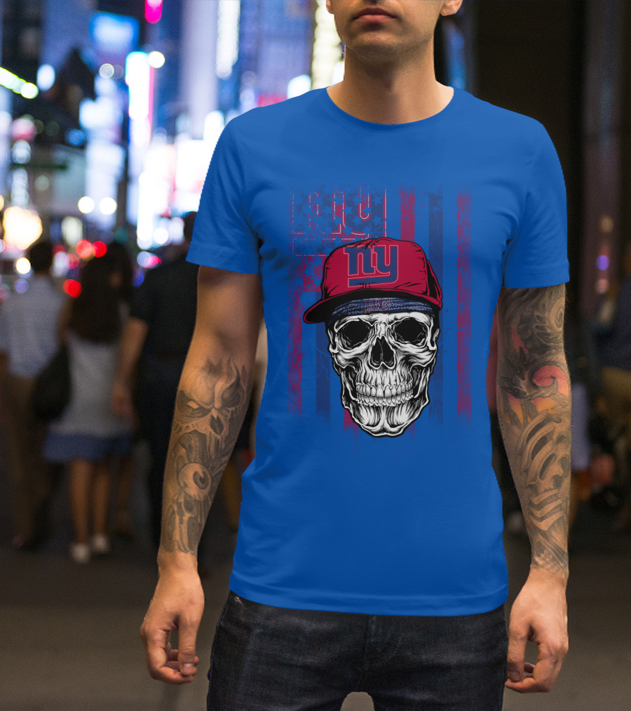 Ny Giants Skull With Red Cap On Blue T-Shirt