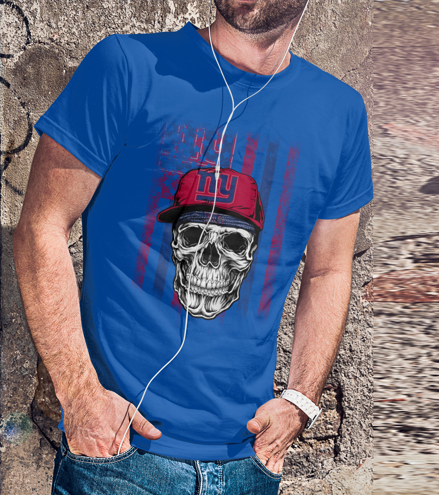 Ny Giants Skull With Red Cap On Blue T-Shirt