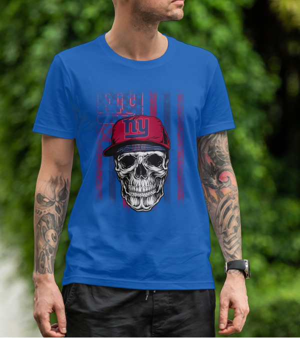 Ny Giants Skull With Red Cap On Blue T-Shirt