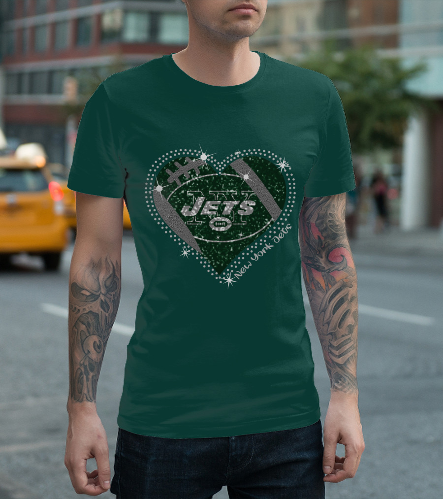 New York Jets Heart Football Sparkle T-Shirt