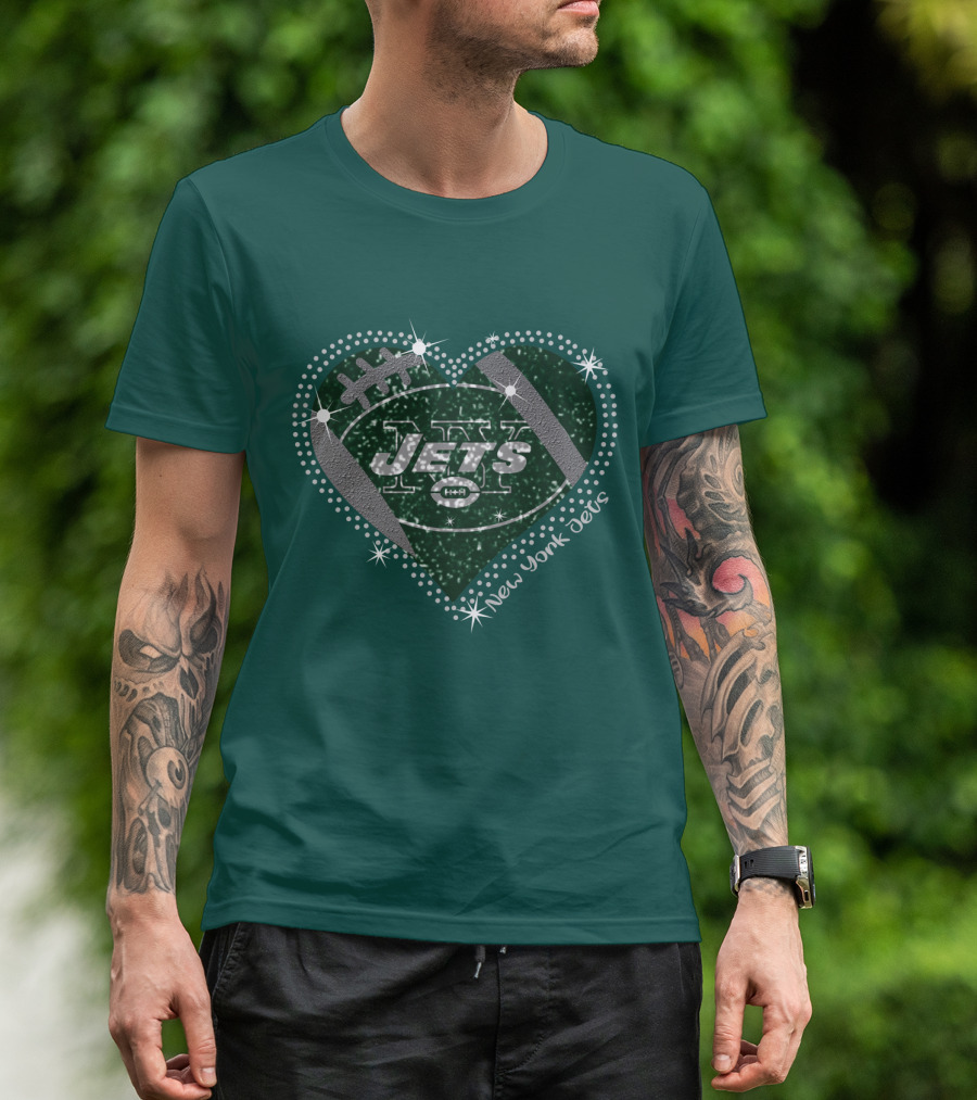 New York Jets Heart Football Sparkle T-Shirt