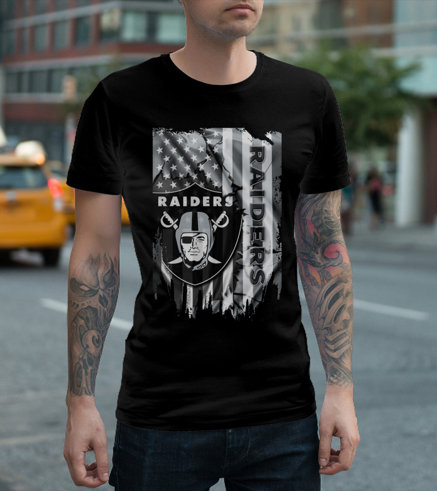 Raiders Nfl Logo With Black And White American Flag T-Shirt