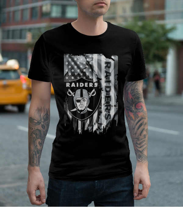 Raiders Nfl Logo With Black And White American Flag T-Shirt