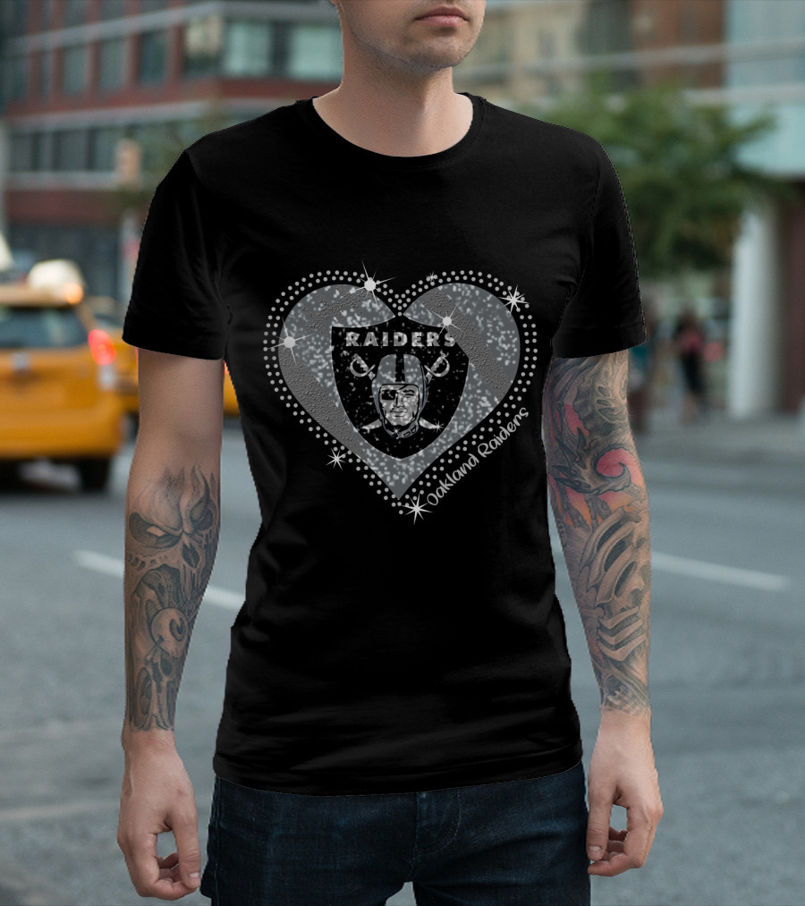 Oakland Raiders Raiders Logo Heart Sparkle T-Shirt
