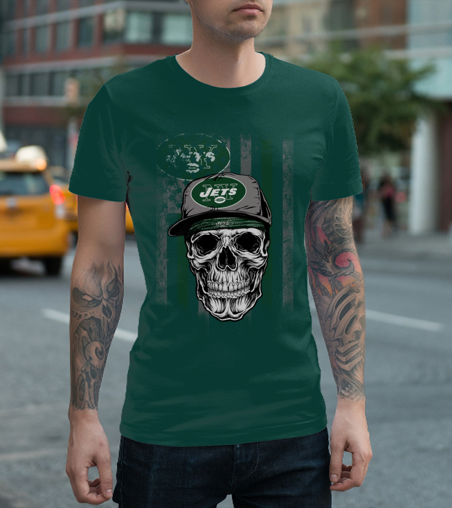 Skull With New York Jets Cap And Logo On Green Stripe T-Shirt