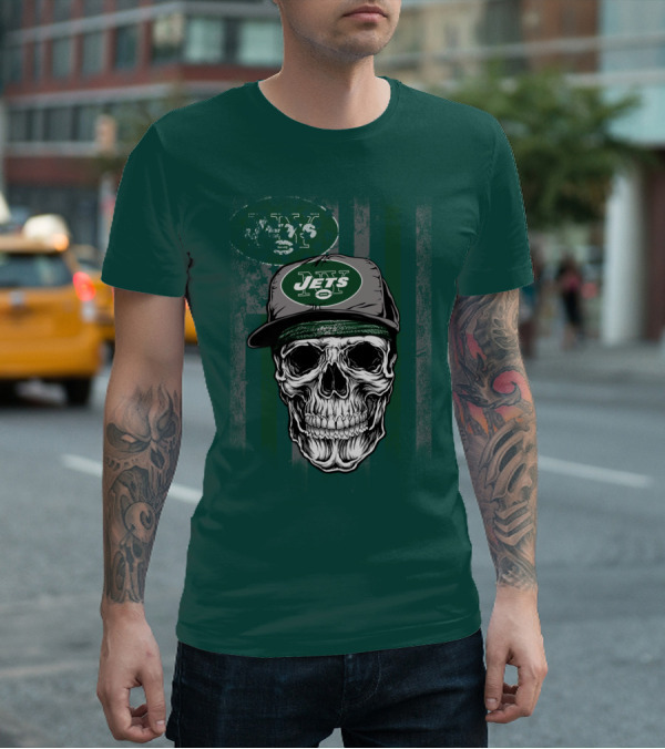 Skull With New York Jets Cap And Logo On Green Stripe T-Shirt