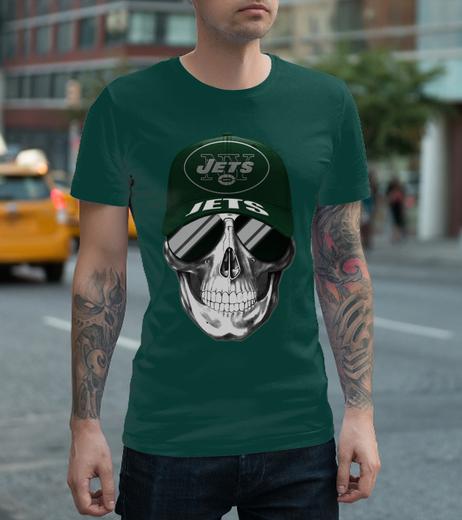 New York Jets Skull With Cap And Sunglasses T-Shirt